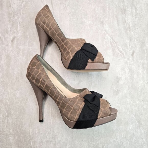Platform Stiletto High Heels 8.5 Brown Suede Croc Dressy Retro Peep Toe Bow Pump - Picture 5 of 10